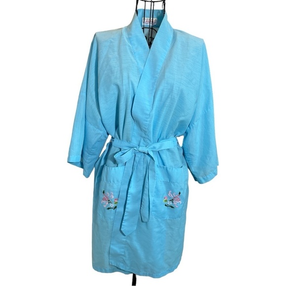 Vintage Hand Embroidered for Jodie Arden Kimono Style Short Robe Blue Size S/M - Picture 1 of 12